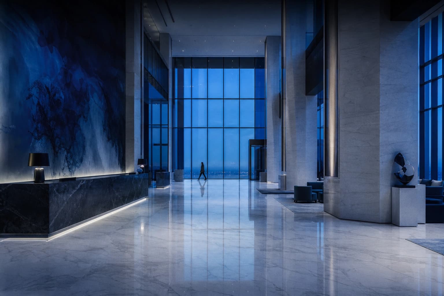 A luxury hotel lobby at blue hour with a polished marble-look porcelain floor and a lone figure crossing the far glazing.