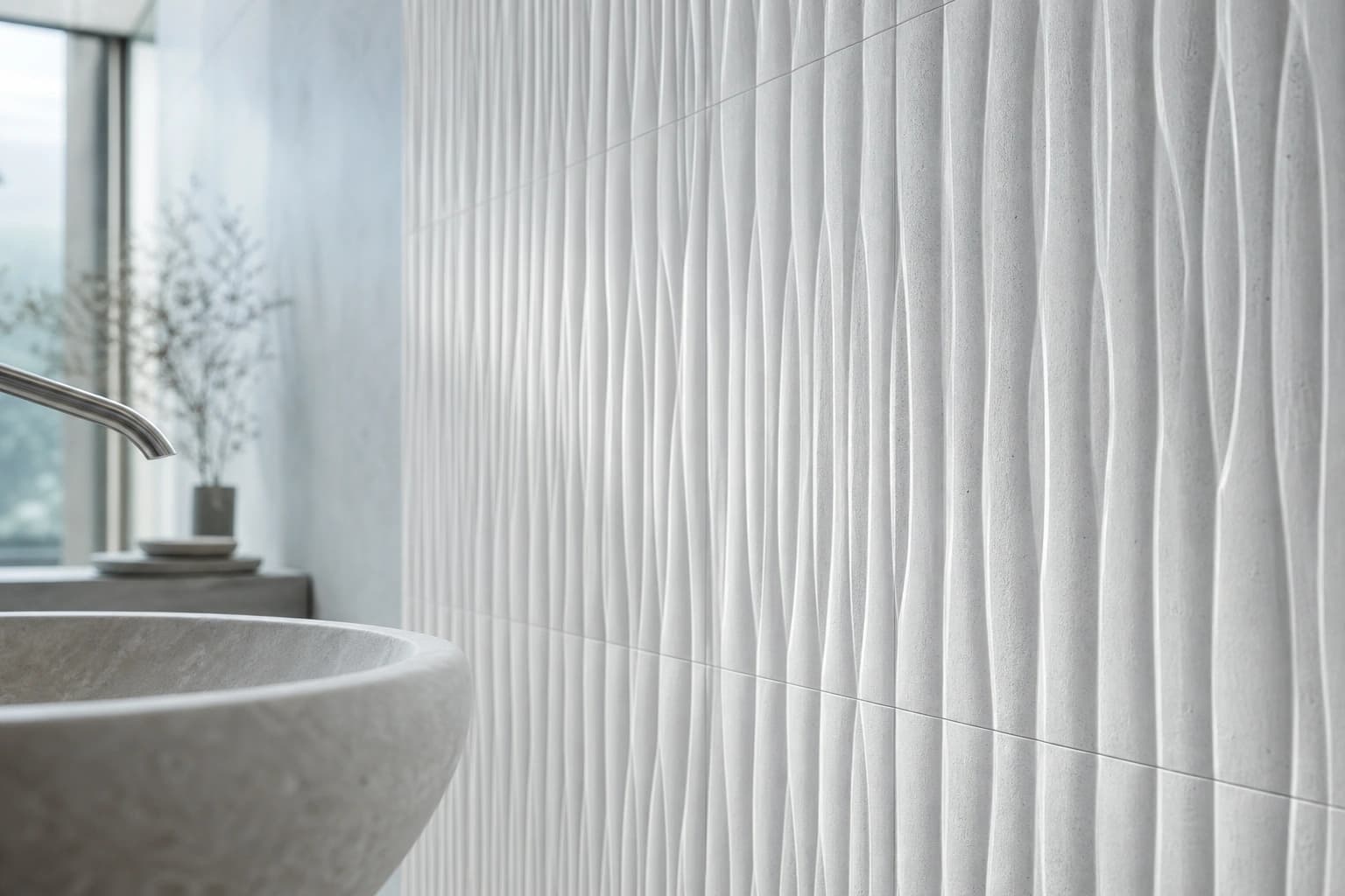 Fluted white ceramic wall tile in a spa bathroom under raking daylight.