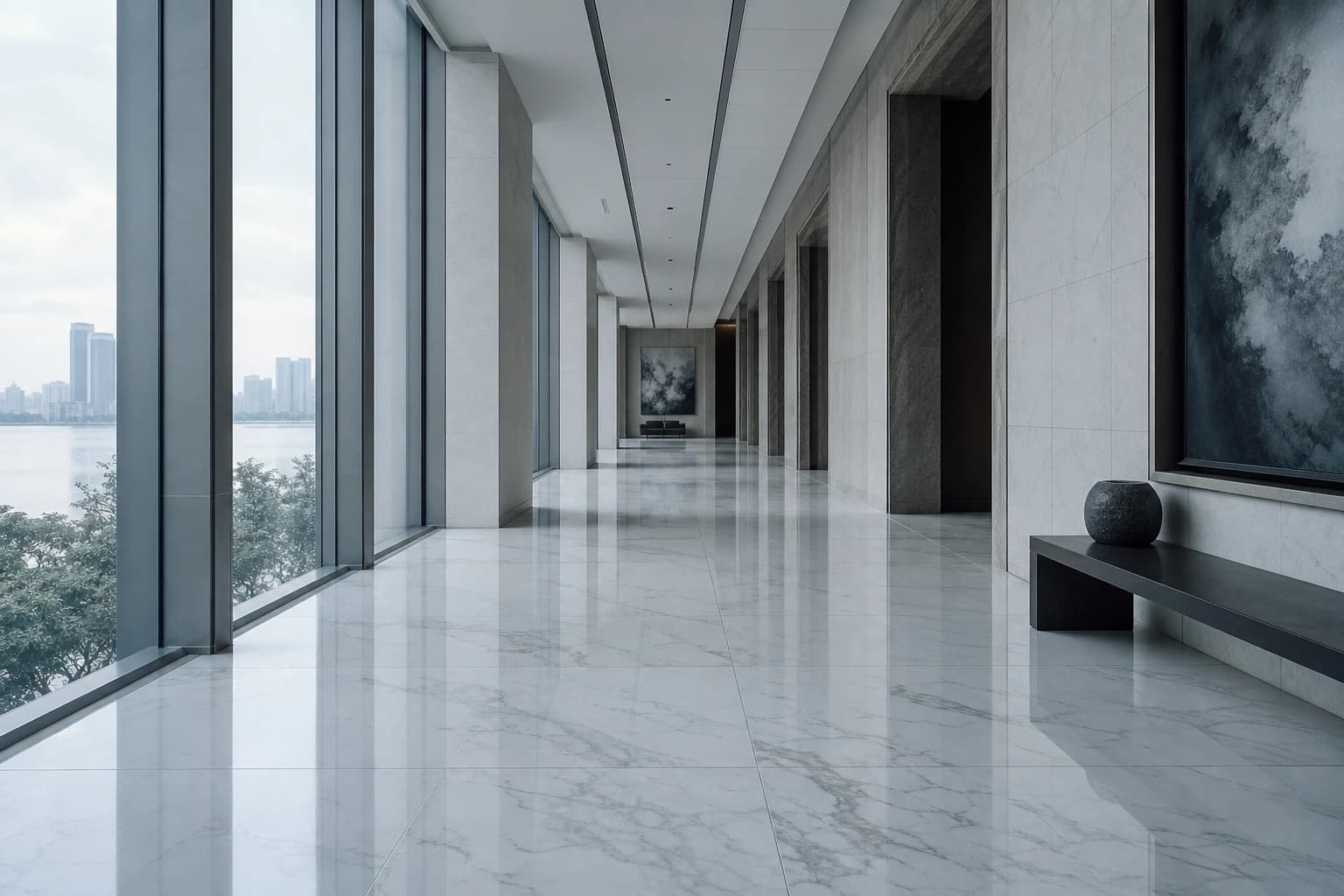 Glossy marble-look porcelain floor running down a luxury hotel corridor in cool daylight.
