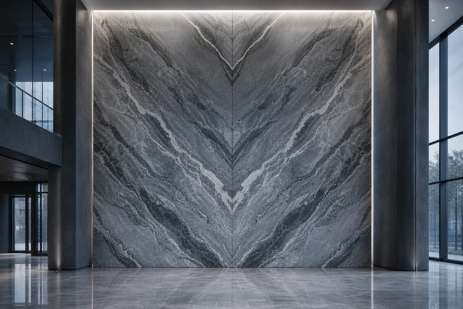 Book-matched marble slab feature wall in a double-height lobby.