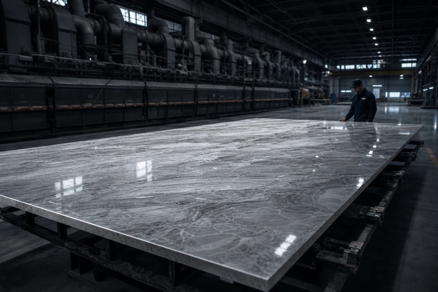 A technician inspects a polished porcelain slab under raking light on a factory floor in India.