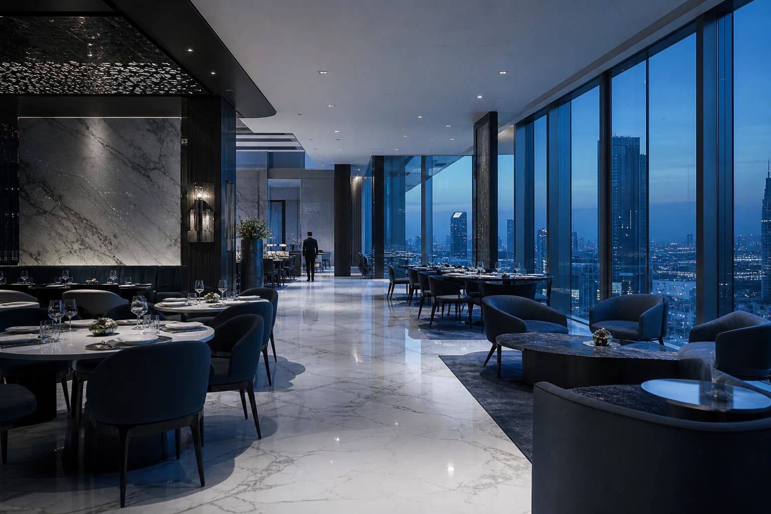 A hotel restaurant and lounge with a marble-look porcelain floor at blue hour.