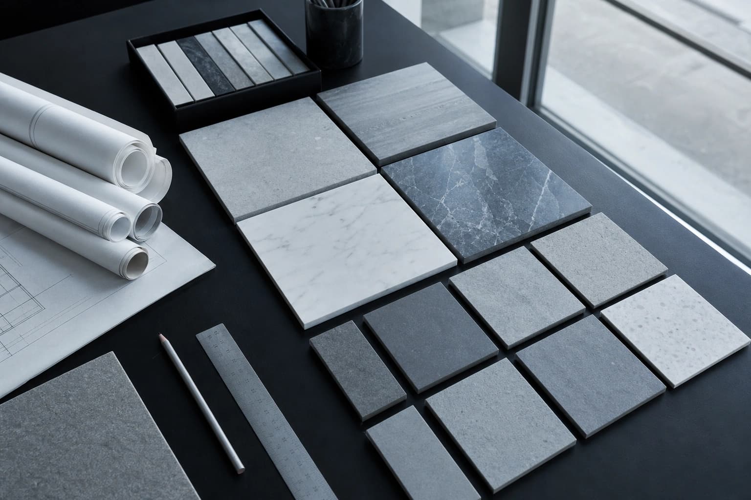 Tile and stone sample chips arranged on a studio table beside rolled technical drawings.